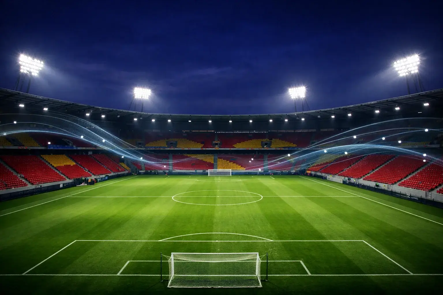 Modernes Fußballstadion bei Flutlicht mit Datenvisualisierung