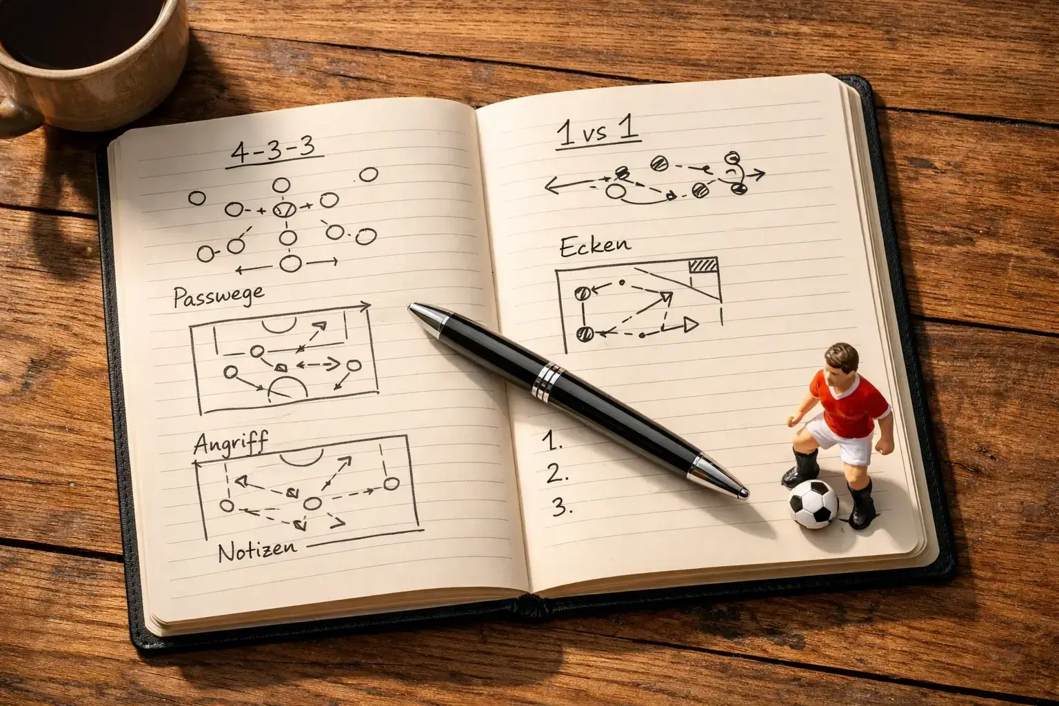 Notizbuch mit Stift und Fußball-Taktiknotizen auf dem Tisch