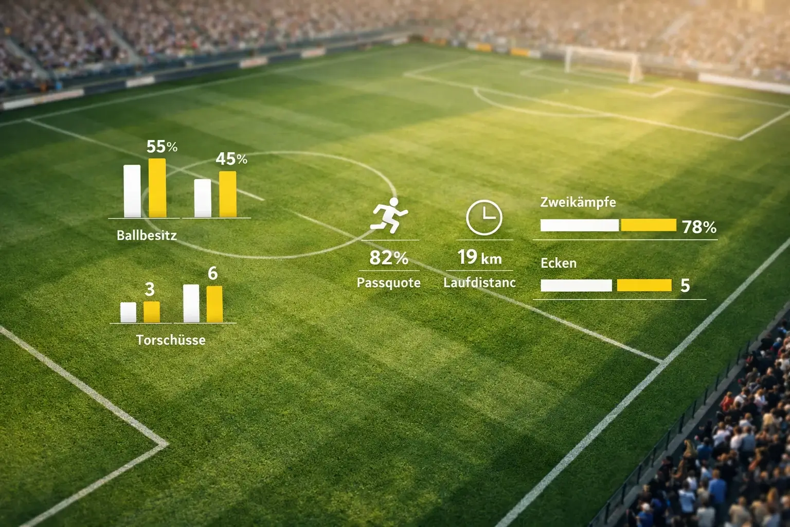 Fußballfeld mit statistischen Datenvisualisierungen