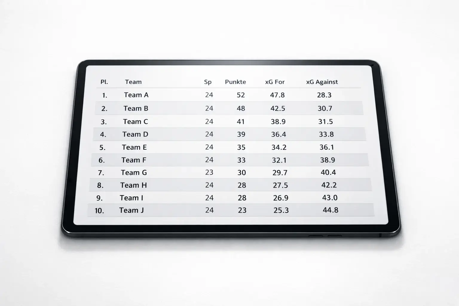 Tablet zeigt Bundesliga-Statistiken mit xG-Werten