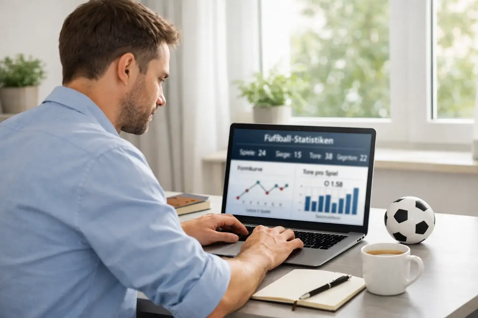 Data Scientist analysiert Fußballstatistiken am Laptop