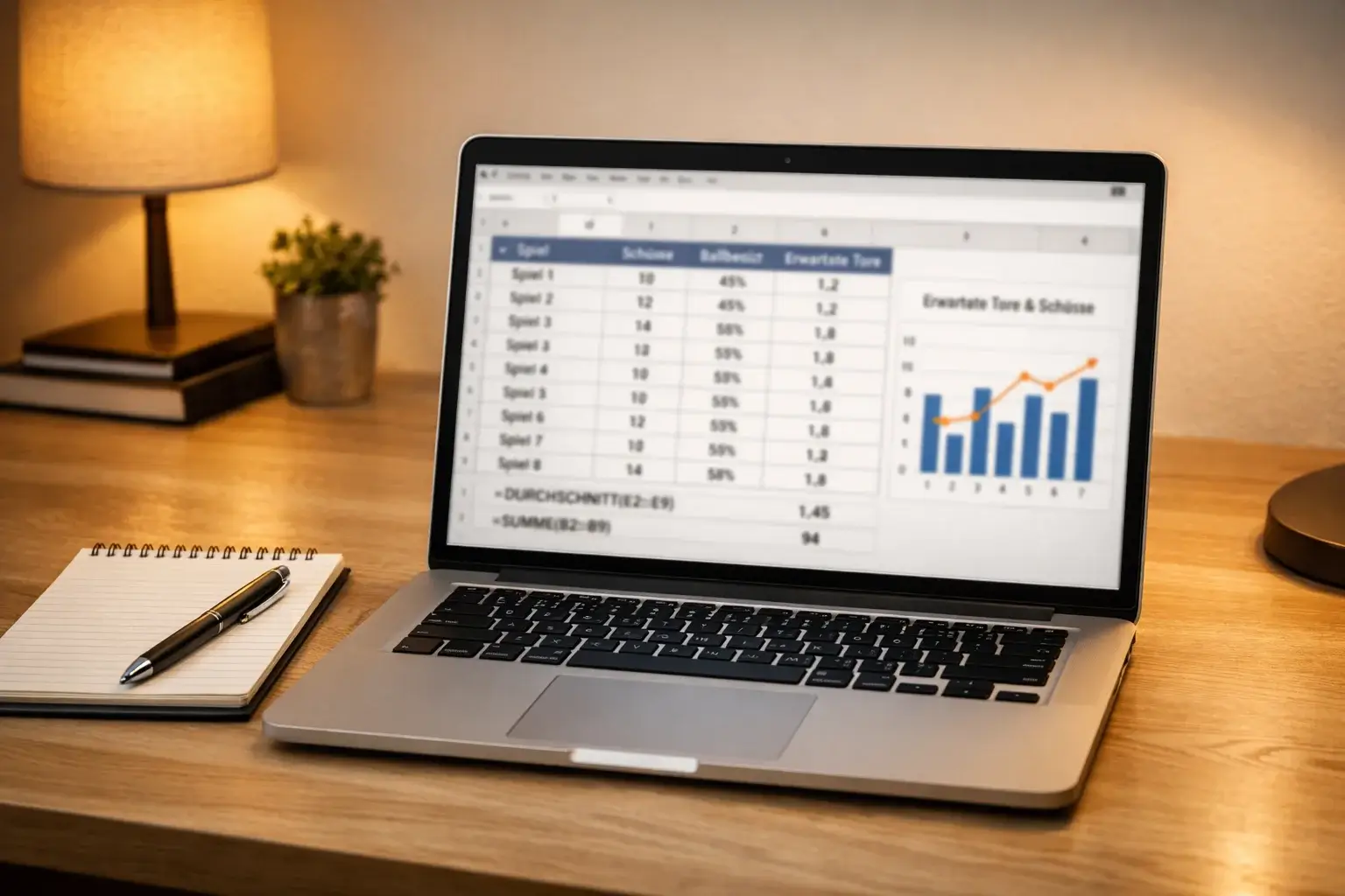 Laptop mit Tabellenkalkulation für Fußballanalyse