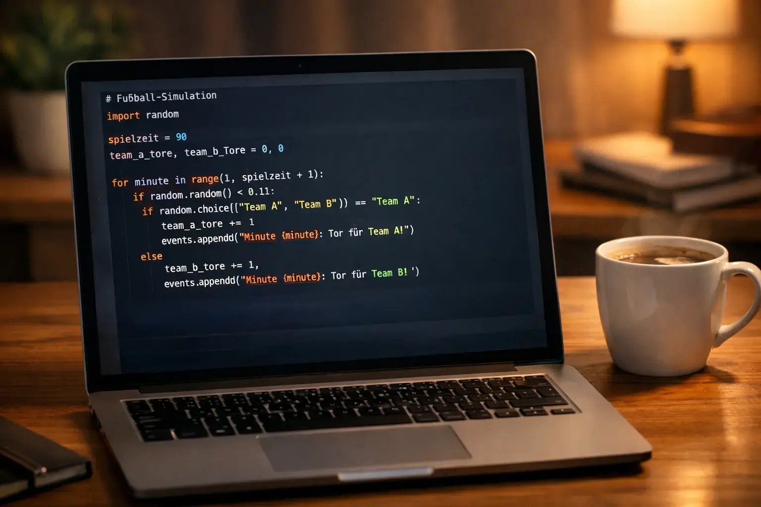 Laptop mit Code für Fußball-Simulation auf dem Bildschirm