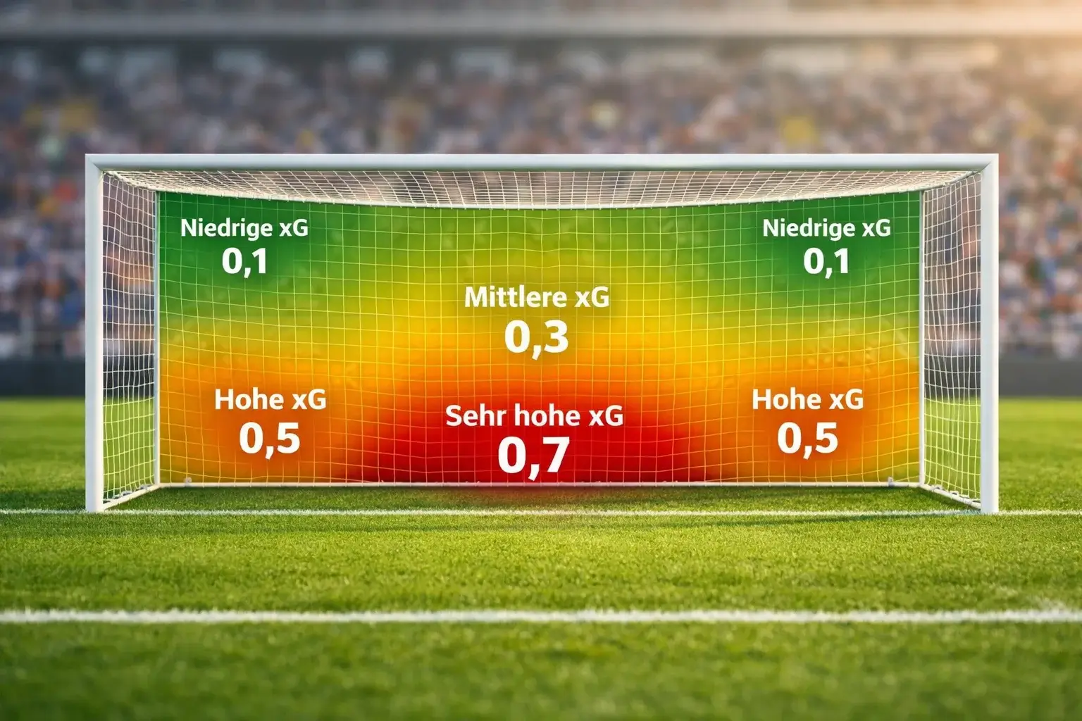 Fußballtor mit visualisierten Schusszonen auf dem Rasen
