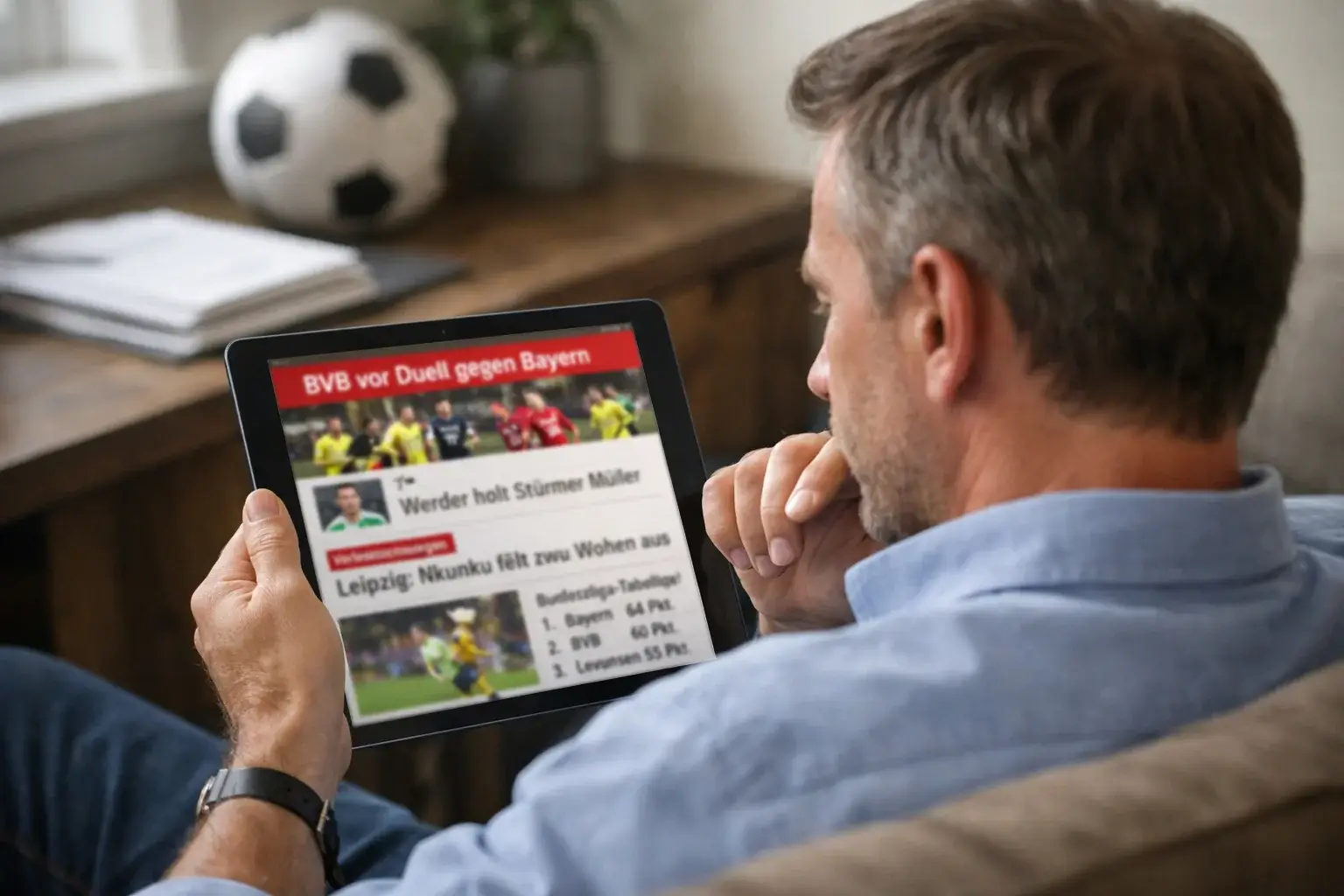Fußballanalyst liest Sportnachrichten auf Tablet