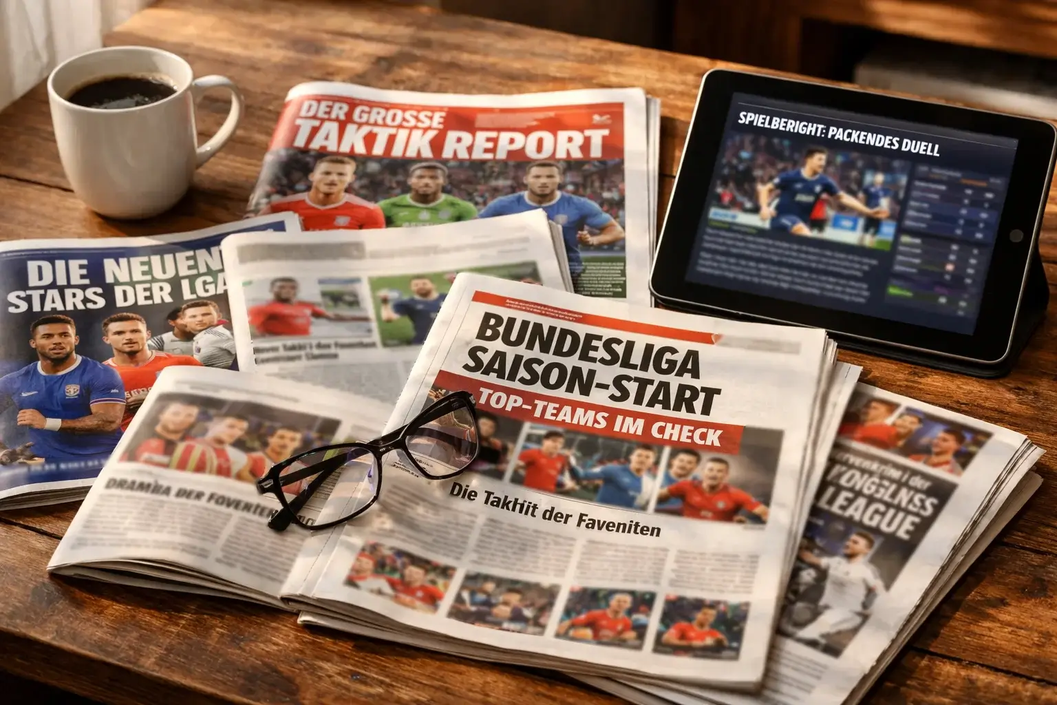 Sportzeitungen und Tablet mit Fußballnachrichten