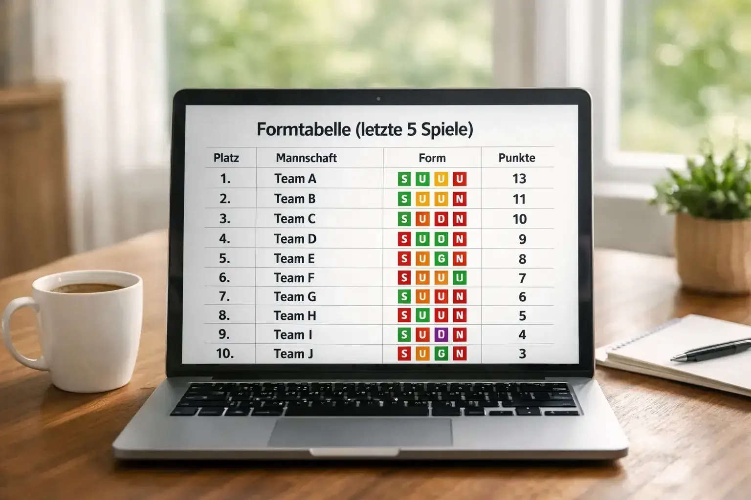 Laptop zeigt Bundesliga-Formtabelle auf Statistikseite
