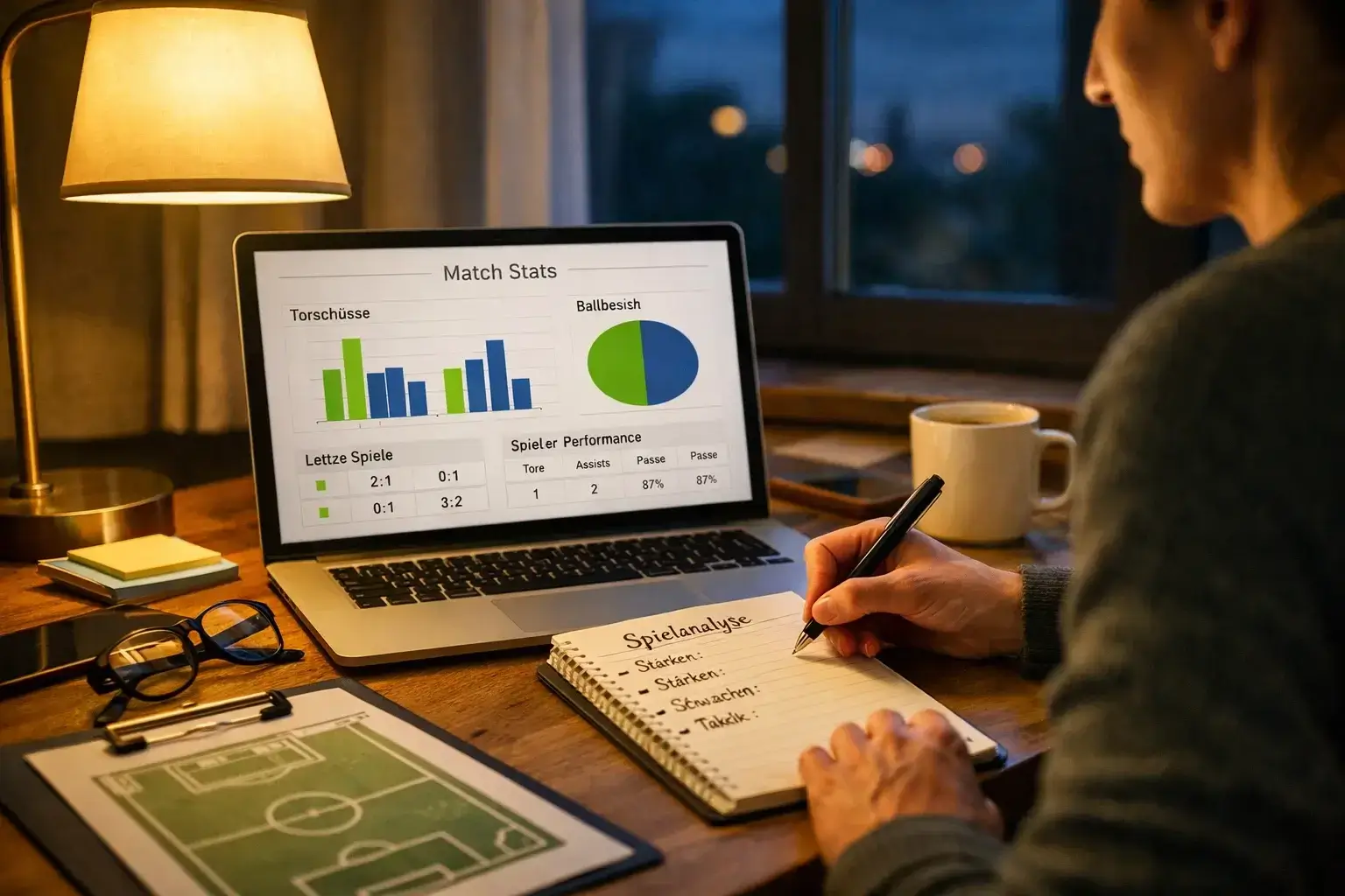 Person plant Sportwetten-Strategie am Schreibtisch abends