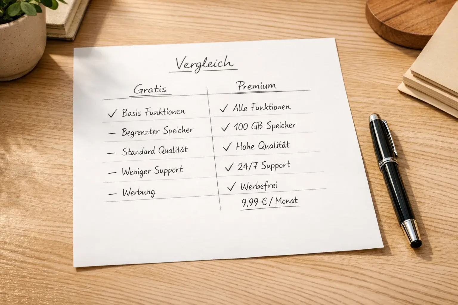 Vergleichstabelle auf Papier mit Vor- und Nachteilen