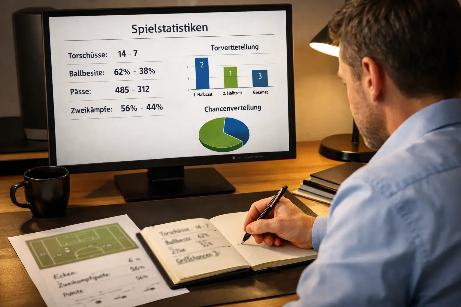 Analyst arbeitet mit KI-Daten und eigenen Notizen am Schreibtisch