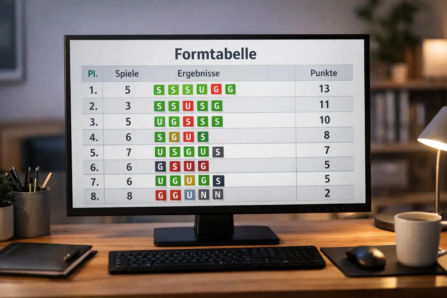 Bildschirm mit Formtabelle der letzten fünf Spiele