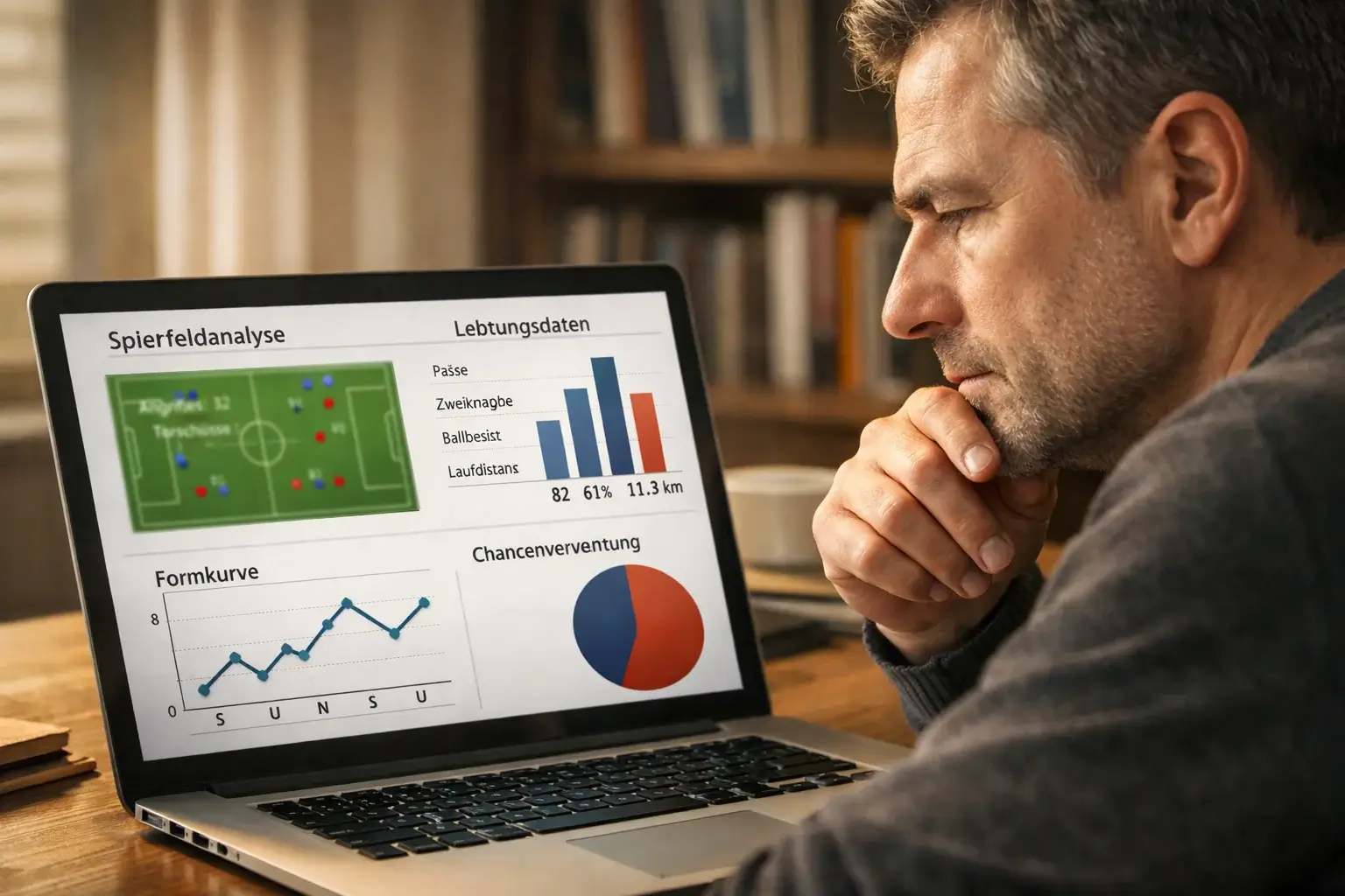 Konzentrierter Mann analysiert Fußballdaten am Laptop