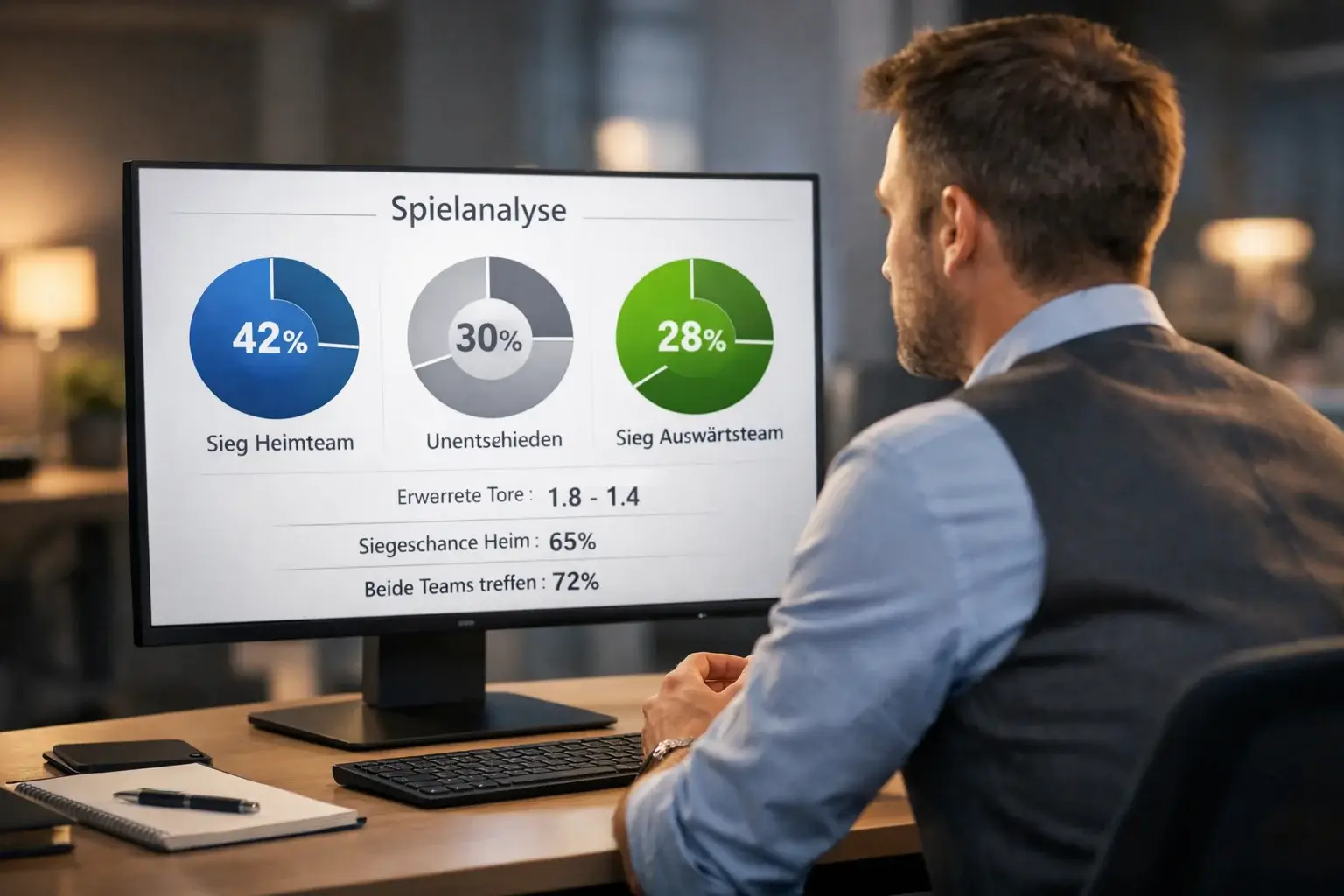 Sportanalyst betrachtet Bildschirm mit Fußball-Statistiken