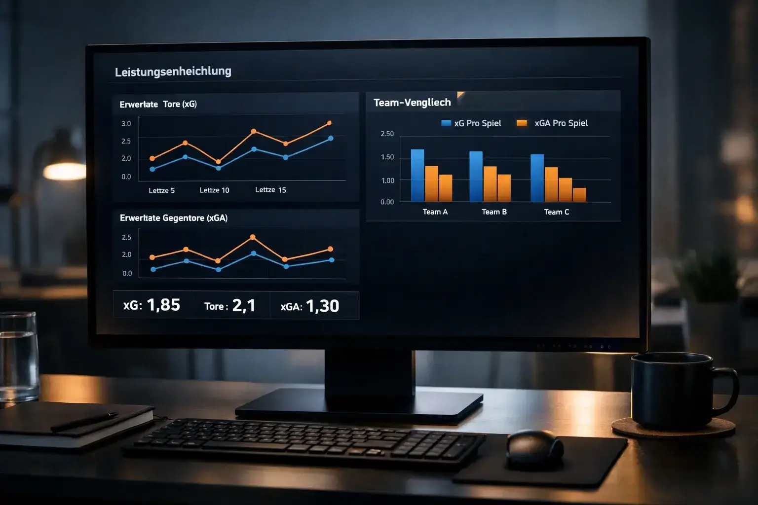Bildschirm mit xG-Statistiken und Liniendiagrammen