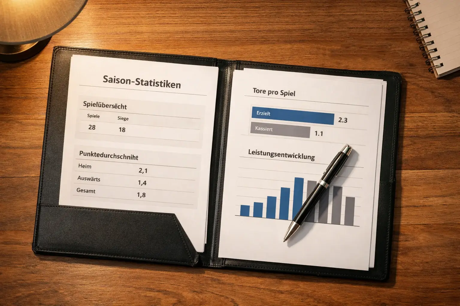 Ordner mit Sportanalysen und Stift auf Schreibtisch