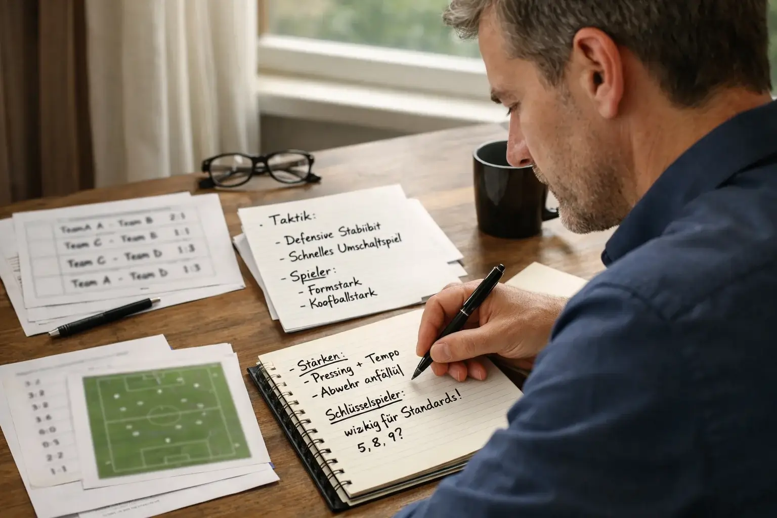 Sportjournalist macht Notizen vor Bundesliga-Spielanalyse