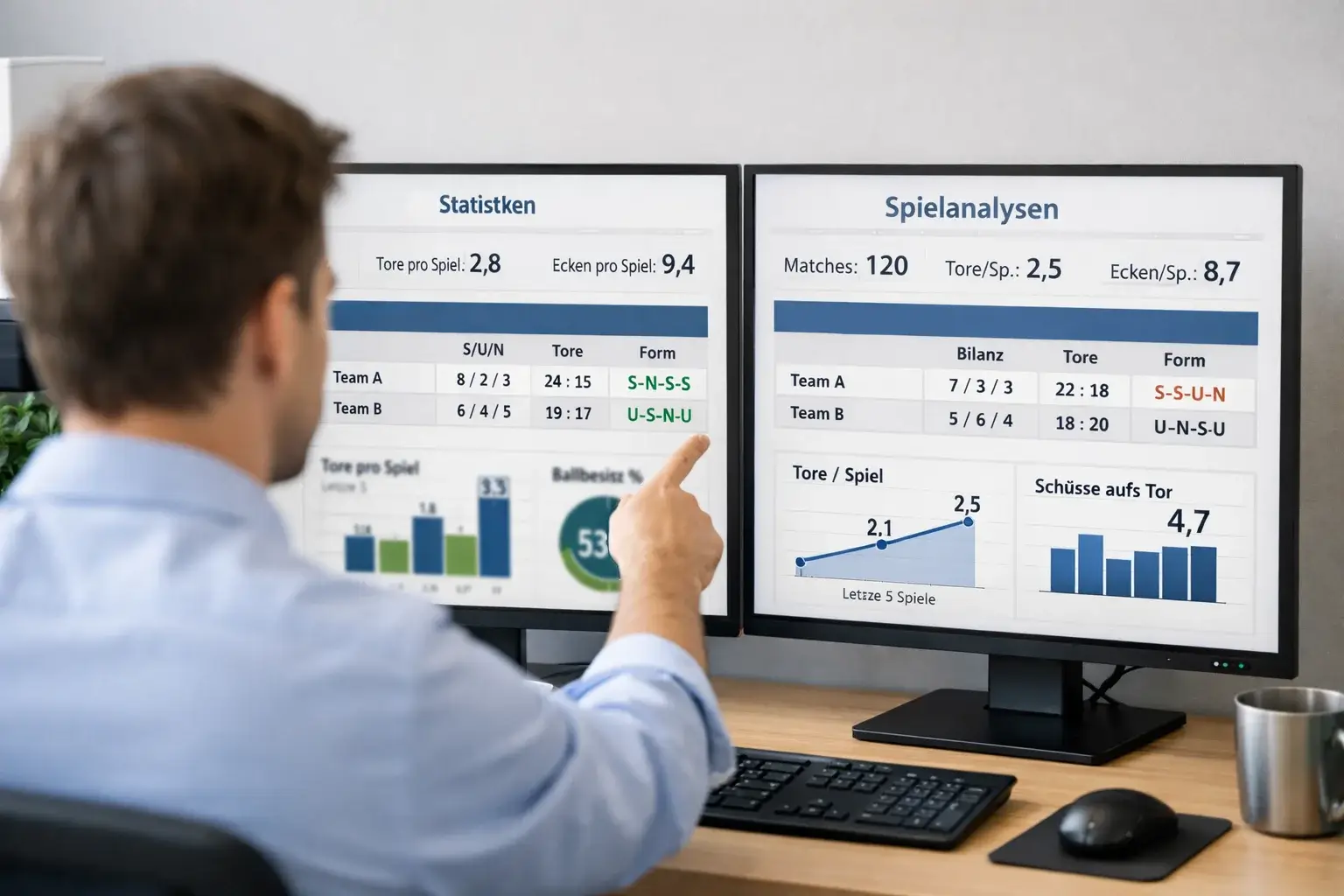 Person vergleicht Daten aus mehreren Quellen am Bildschirm