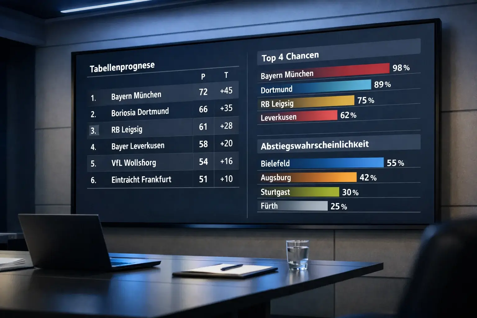 Großer Bildschirm mit Fußball-Wahrscheinlichkeiten und Prognosen