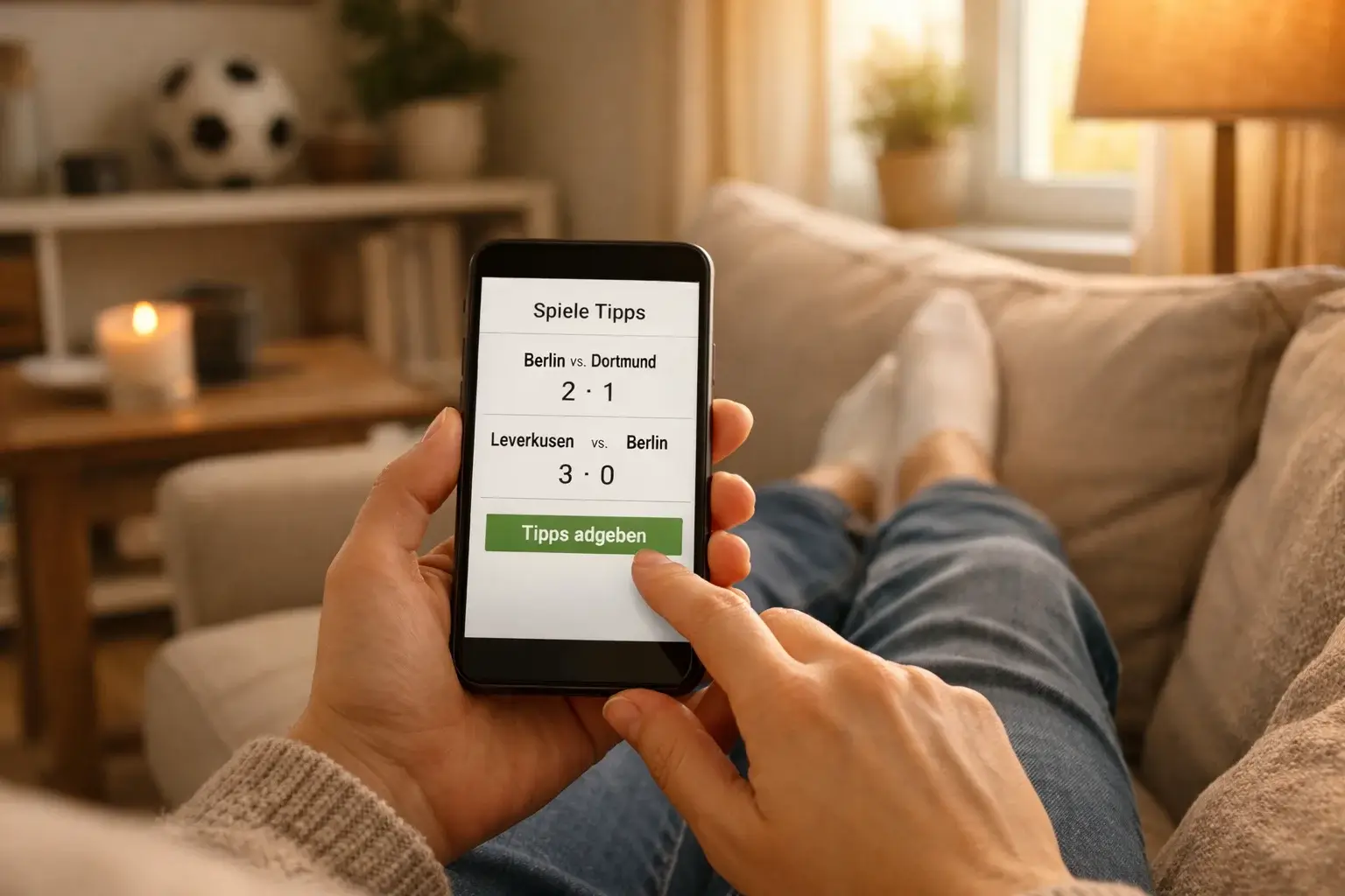 Person betrachtet Fußball-Prognose-App auf dem Smartphone im Wohnzimmer