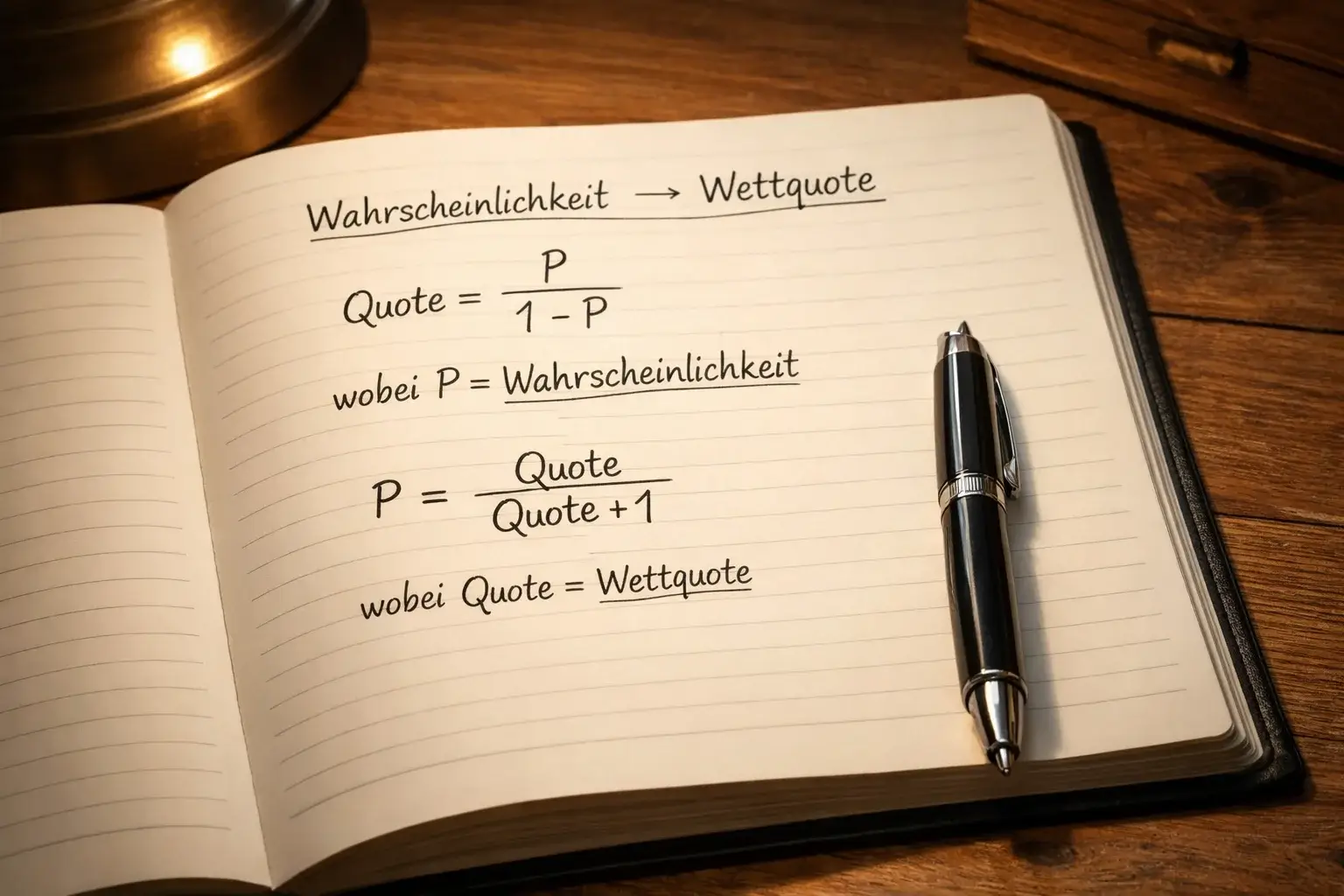 Notizbuch mit Quotenumrechnungen und Formeln