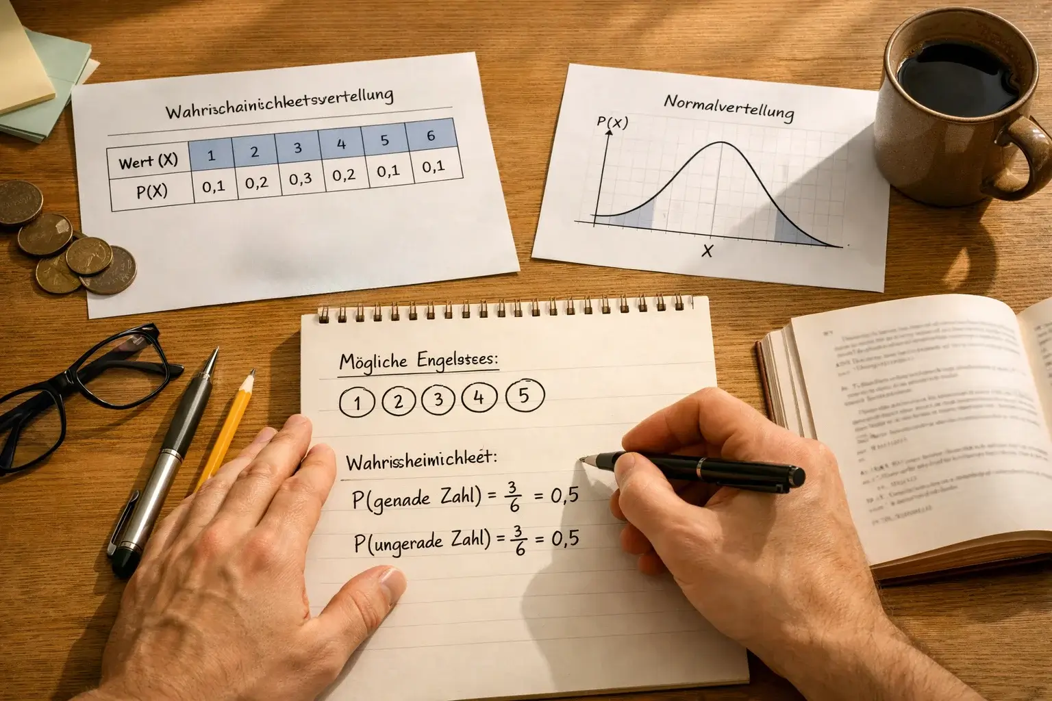 Würfel und Wahrscheinlichkeitsdiagramm auf Schreibtisch