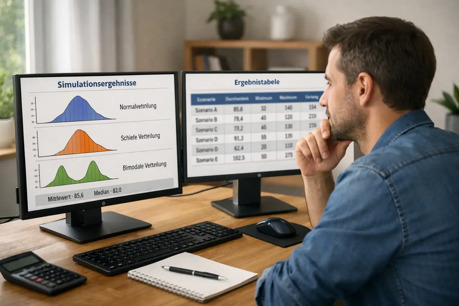 Person analysiert Simulationsergebnisse auf zwei Monitoren