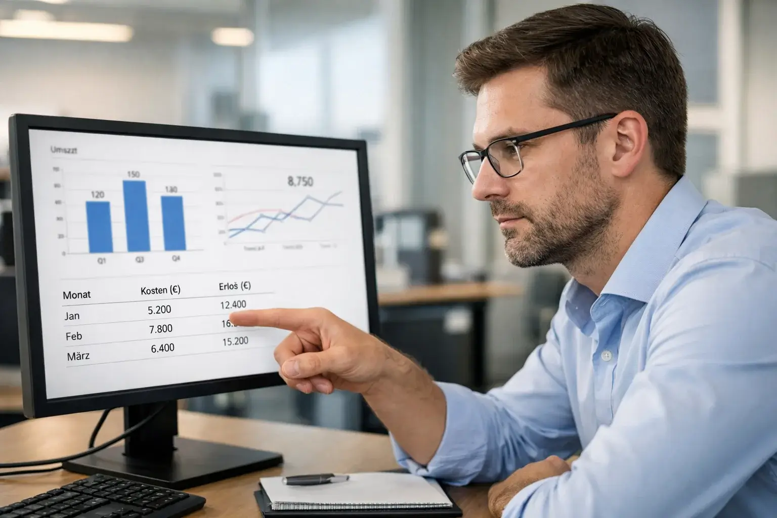 Analytiker prüft Daten kritisch am Computerbildschirm