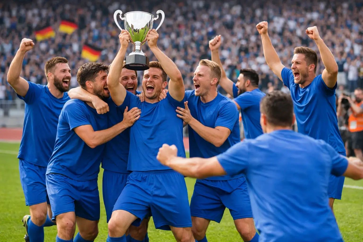 Fußballmannschaft feiert Sieg auf dem Rasen