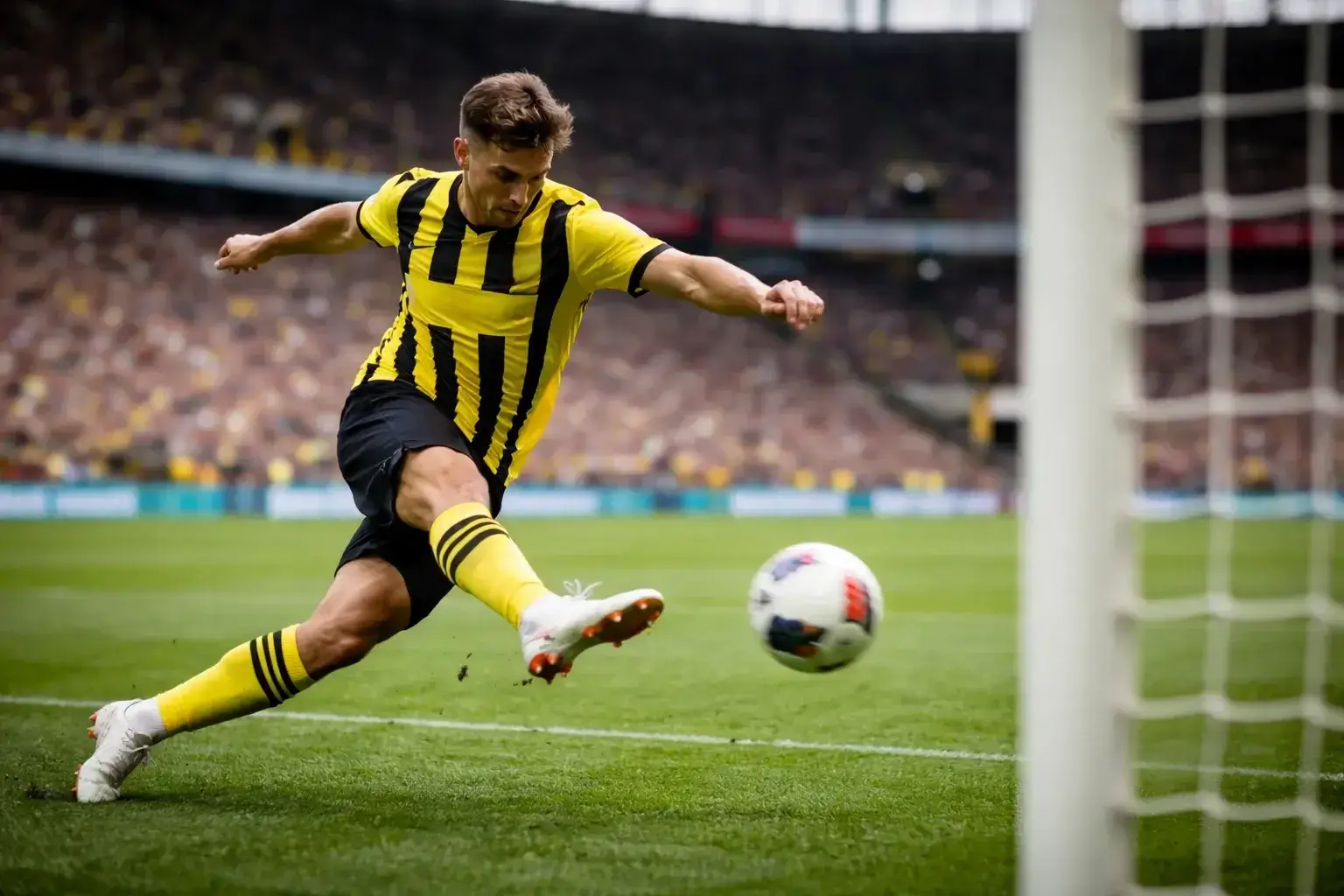 Stürmer schießt aufs Tor im Bundesliga-Stadion