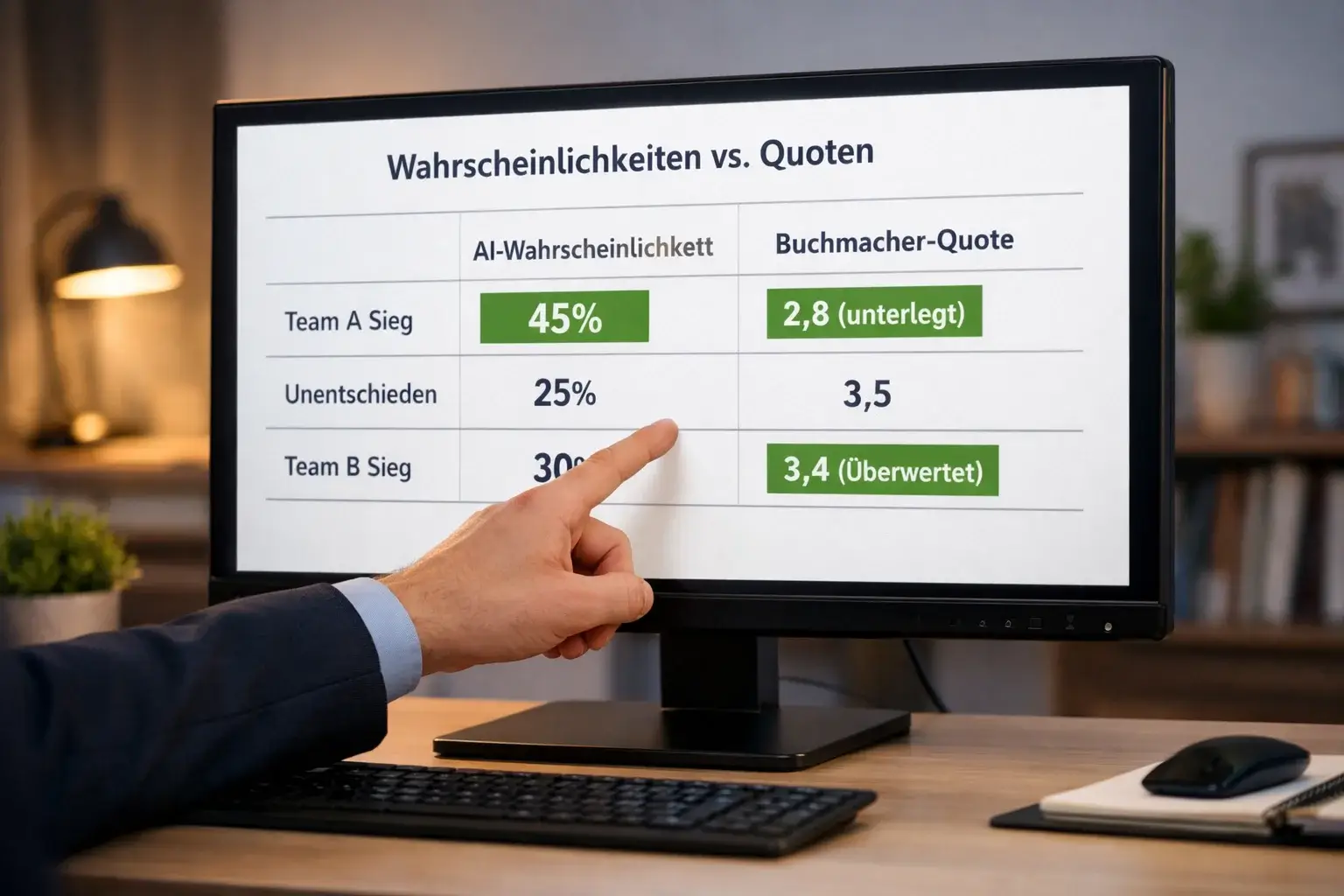 Vergleich von KI-Prognose und Buchmacher-Quote am Monitor