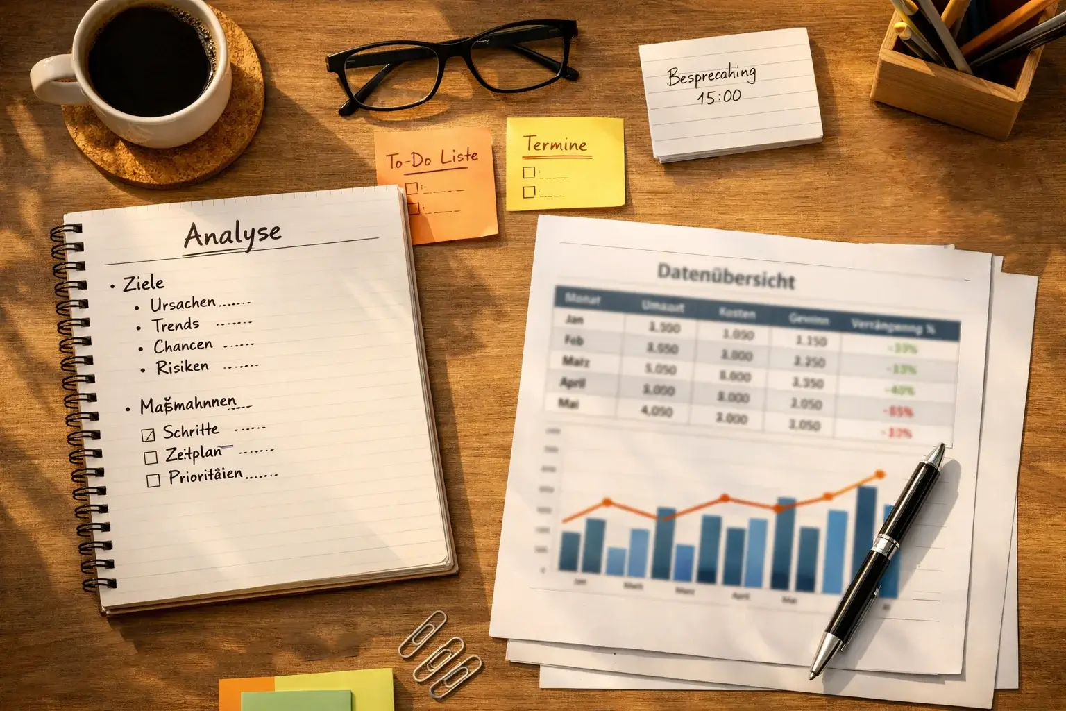 Organisierter Schreibtisch mit Wettanalyse-Dokumenten