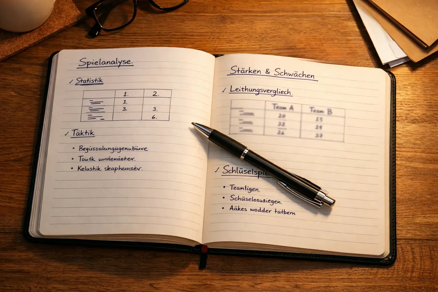 Notizbuch mit Sportanalyse-Notizen und Stift