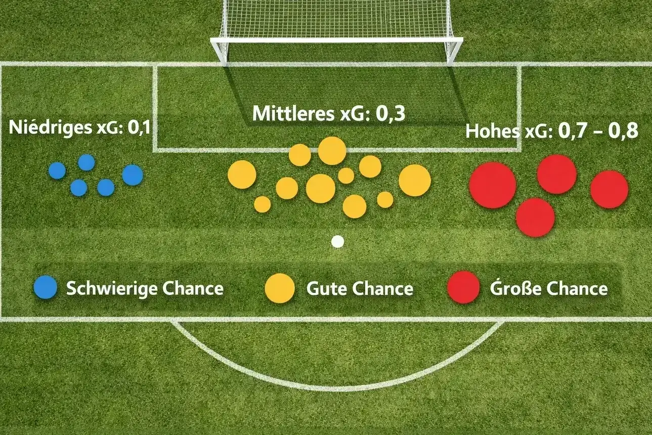 Fußballfeld mit markierten Schusspositionen von oben