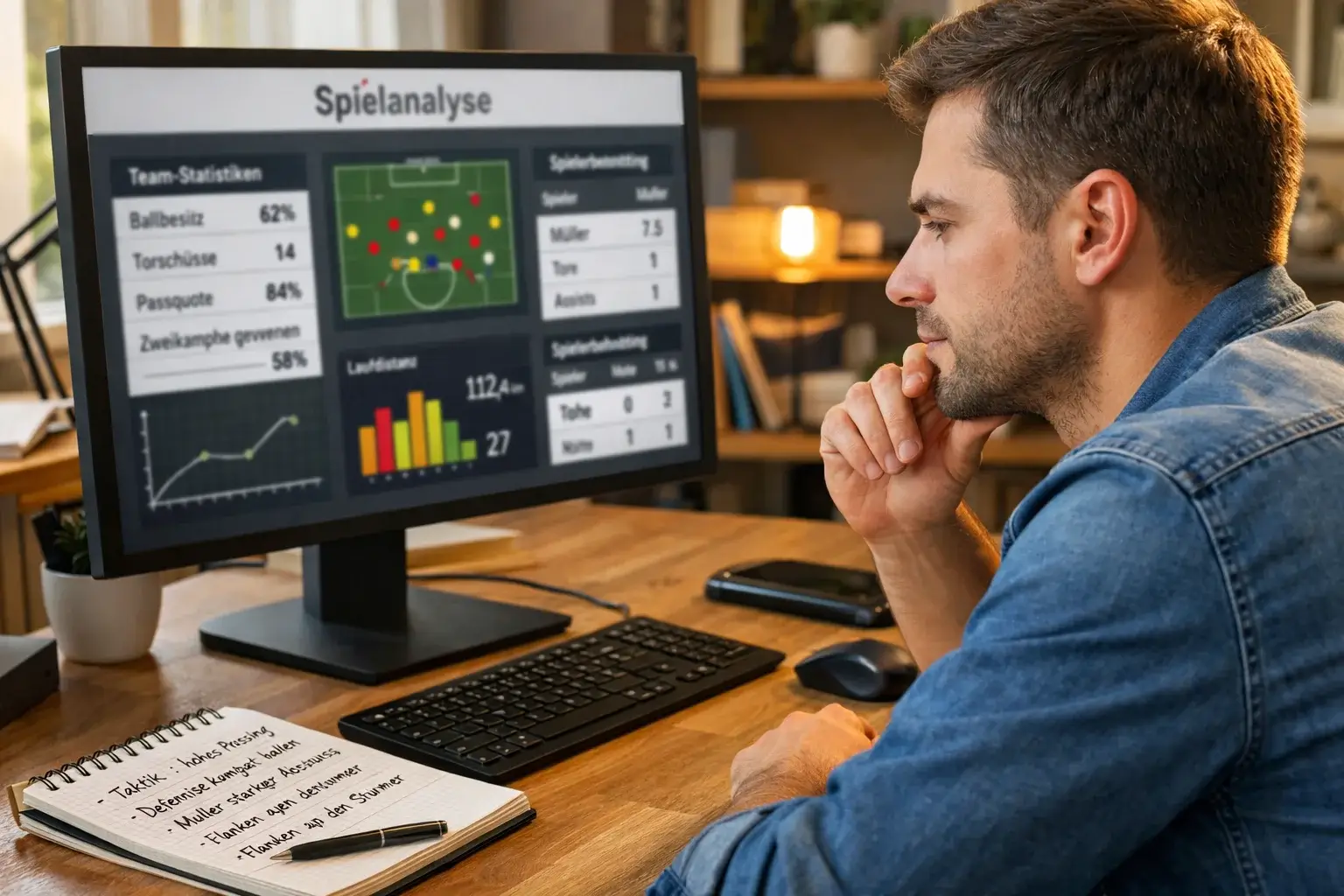 Person erstellt Fußballanalyse am Computer